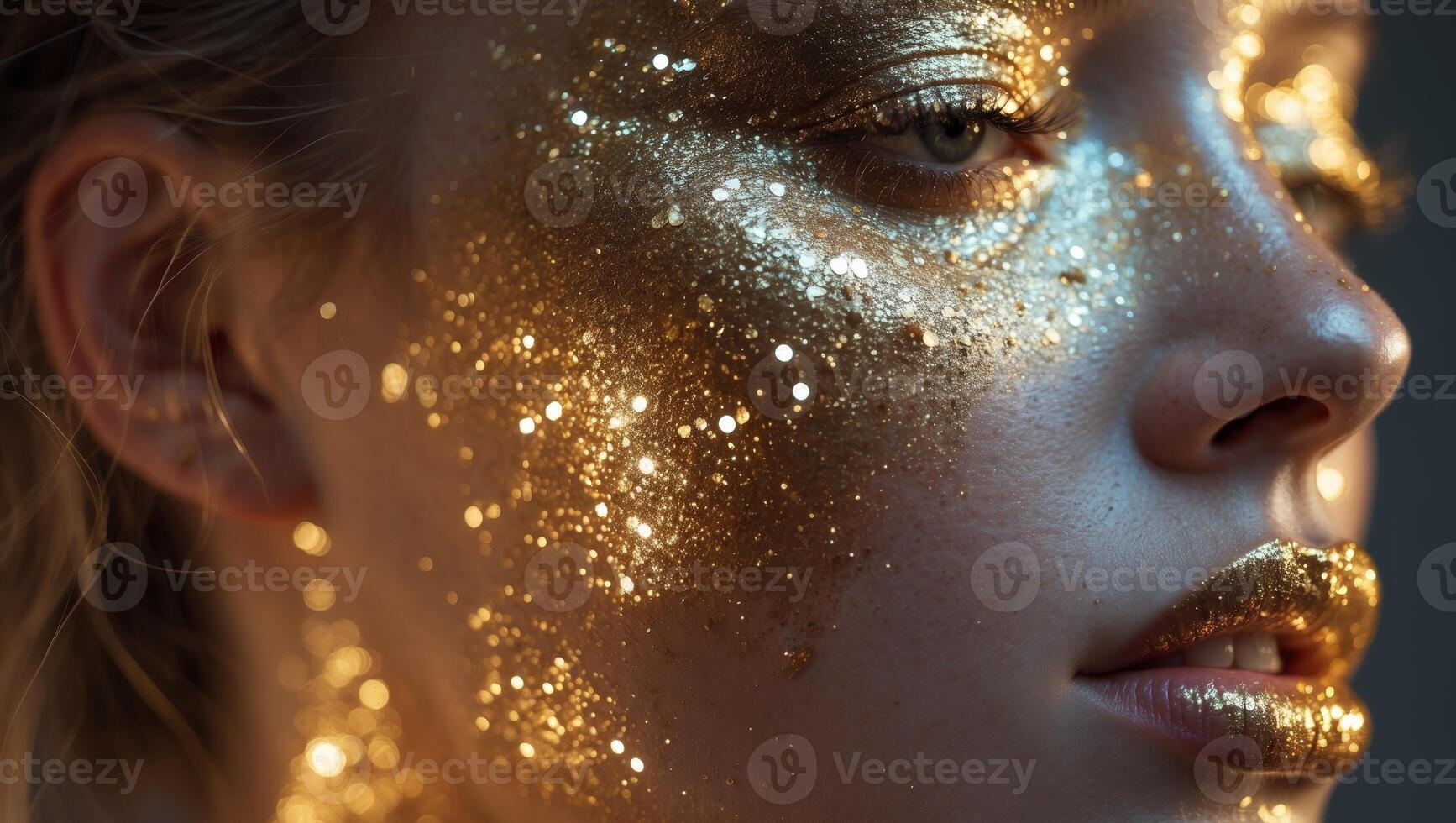 Stunning and captivating Golden Glitter Makeup CloseUp for a truly mesmerizing experience. photo