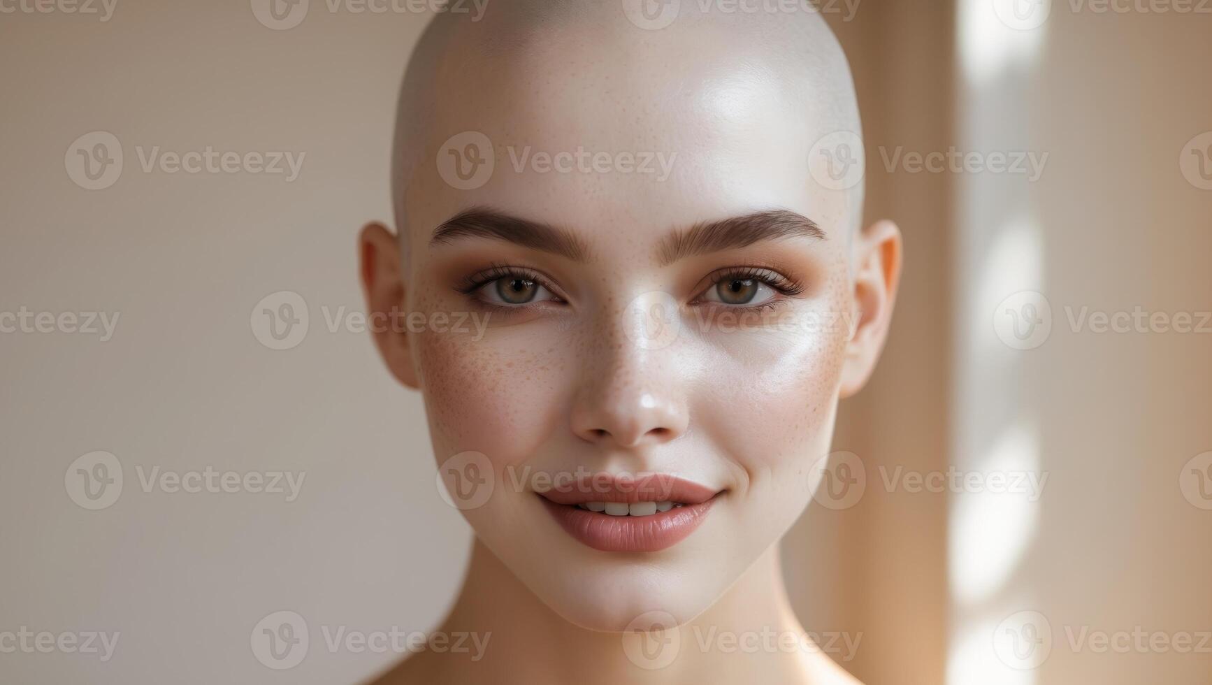 Bald Model With Natural Makeup And Freckled Skin. photo