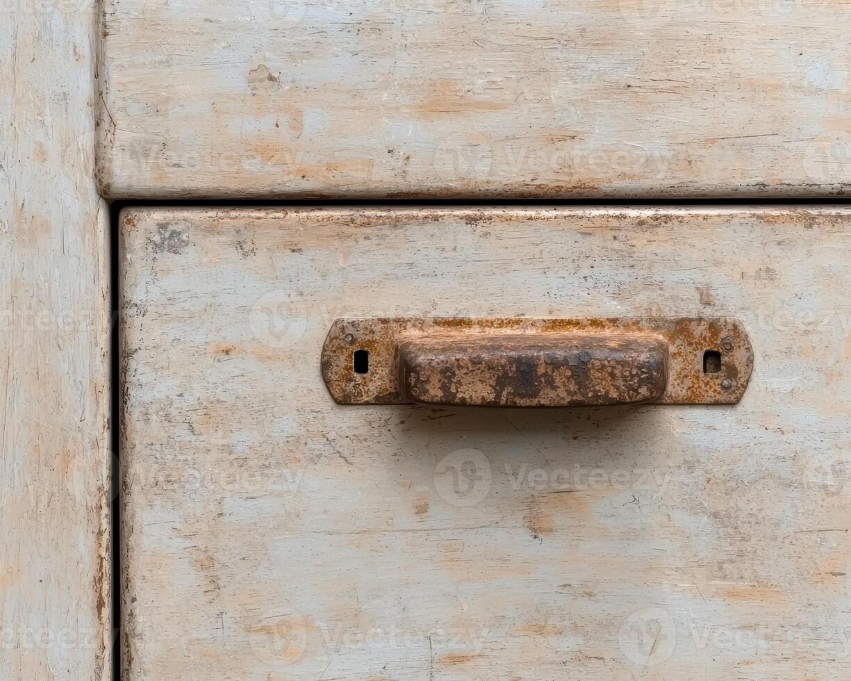 Close up of a weathered wooden drawer with a rusty metal handle photo