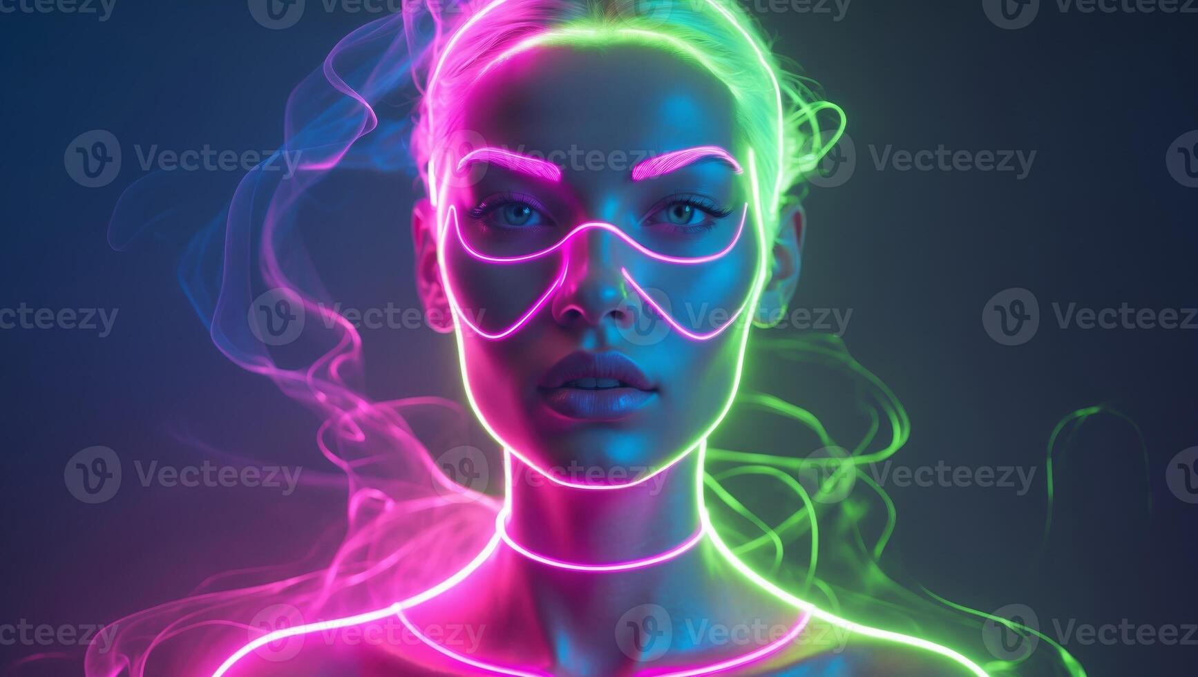 A stunningly vibrant neon bust is illuminated in lighting that creates a captivating ambiance photo