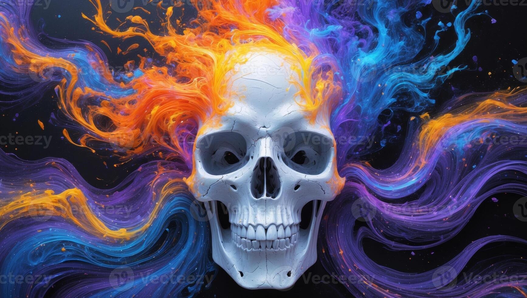A Stunningly Vibrant and Abstract Skull Art Piece Featuring Colorful and Dynamic Swirls photo