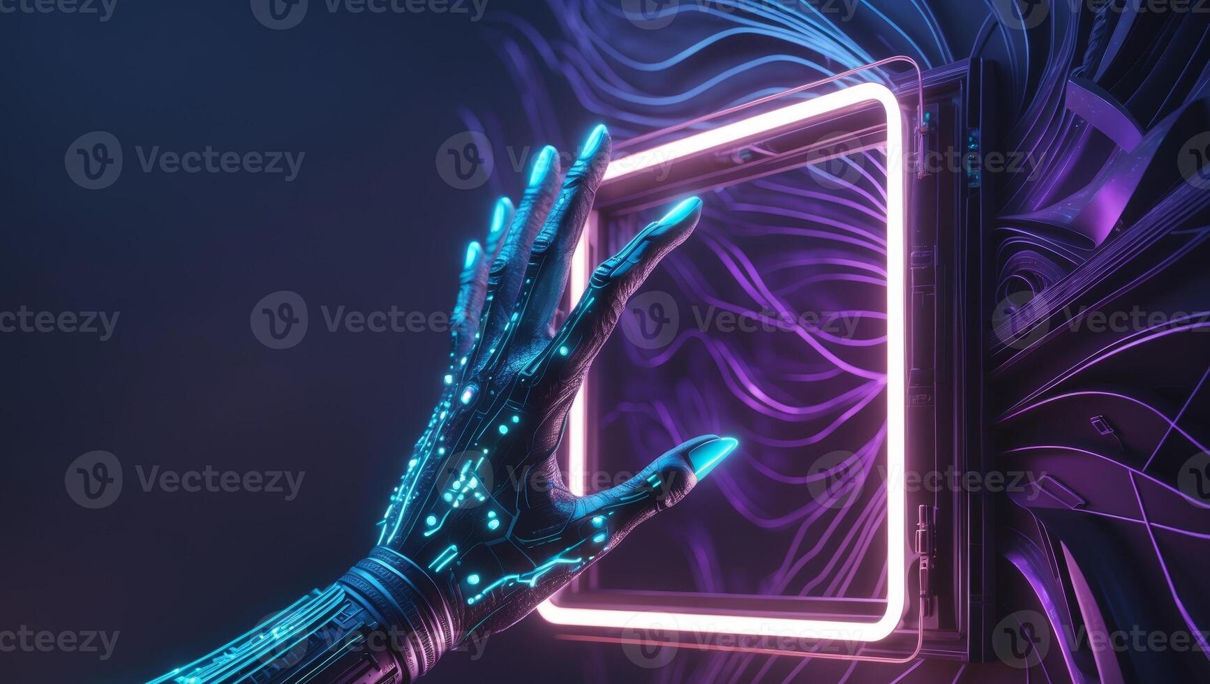Glowing Hand Reaching for Neon Square Frame in Cyberpunk Style with Abstract Geometric Background photo