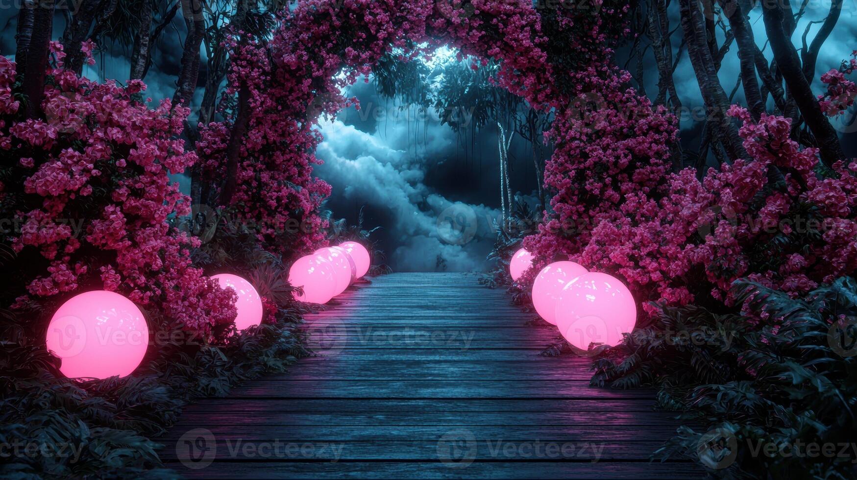 A magical walkway with glowing orbs and flower archway photo