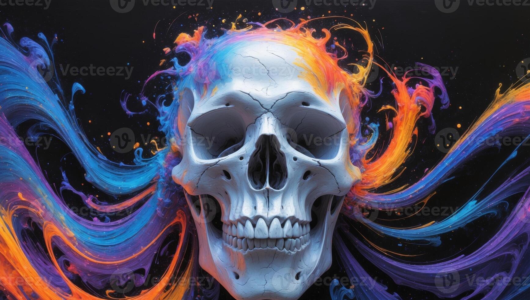 A Stunningly Vibrant and Abstract Skull Art Piece Featuring Colorful and Dynamic Swirls. photo