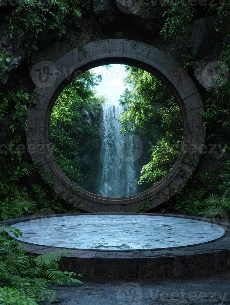 Mystical portal overlooking a waterfall in a lush jungle photo