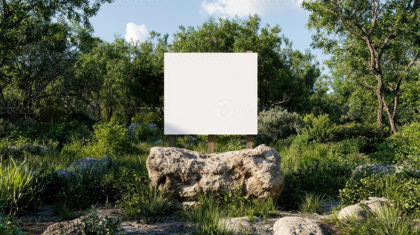 Blank sign in a lush green forest environment photo