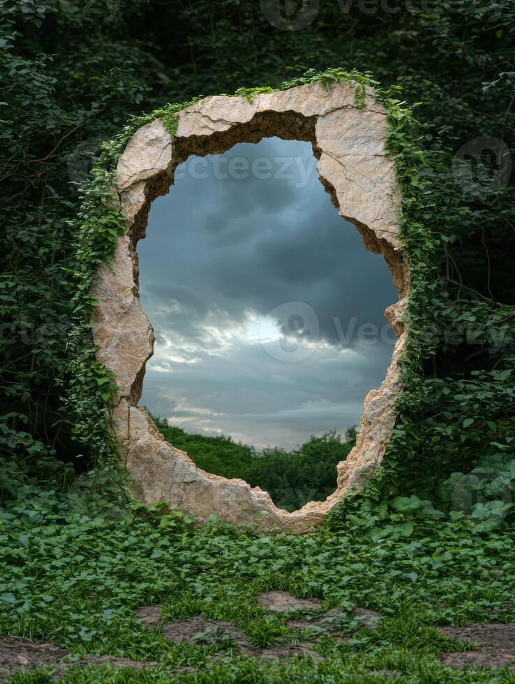 Stone portal to a cloudy sky surrounded by lush greenery photo