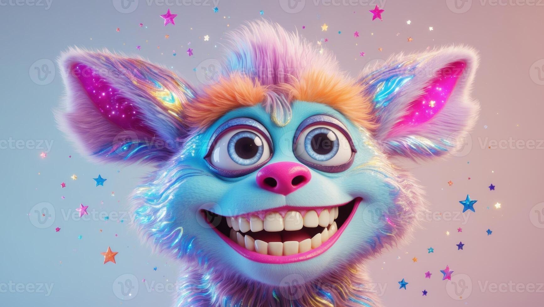 A Colorful Cartoon Creature Possessing a Very Surprised and Expressive Facial Expression. photo