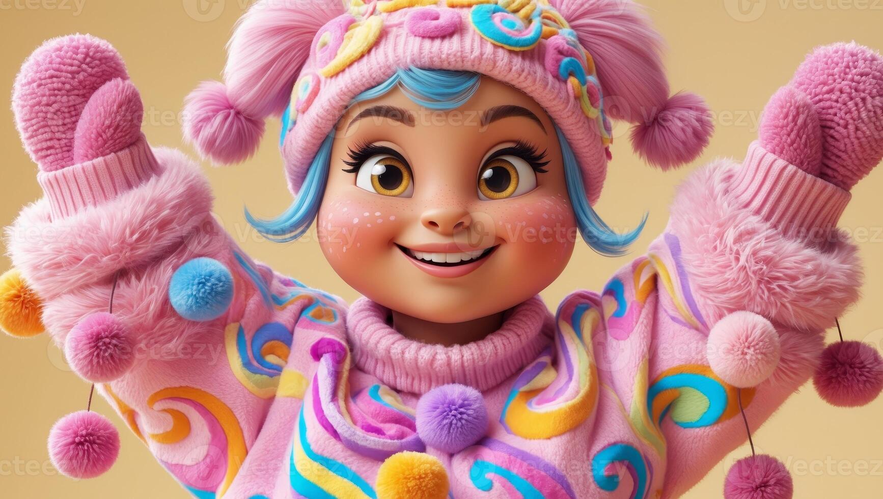 A Bright and Colorful Cartoon Character Dressed in a Cozy and Fashionable Stylish Sweater photo