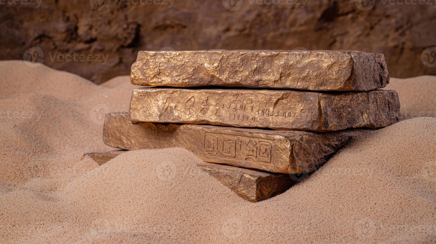 Gold bars stacked in the sand with ancient inscriptions photo