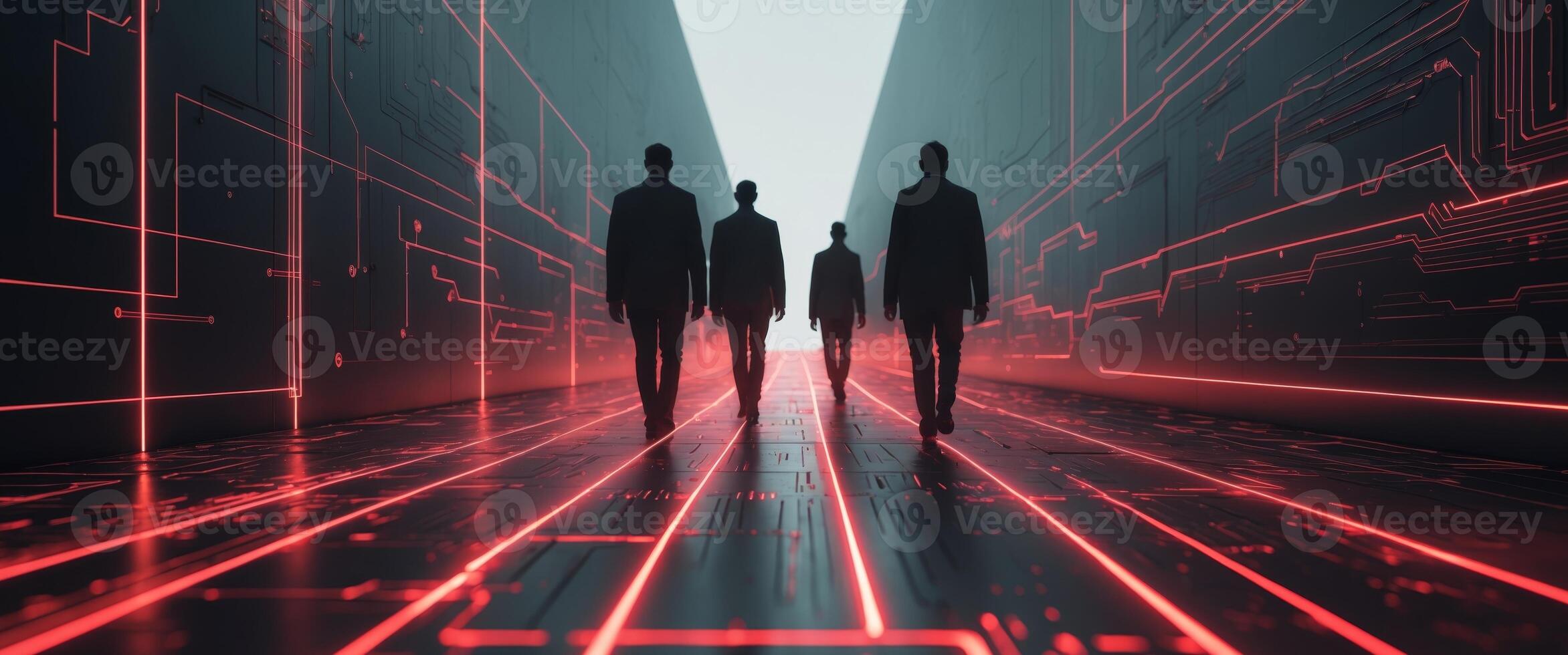 Dark Figures Walking on a Glowing Red Circuit Board Futuristic Digital Art. photo