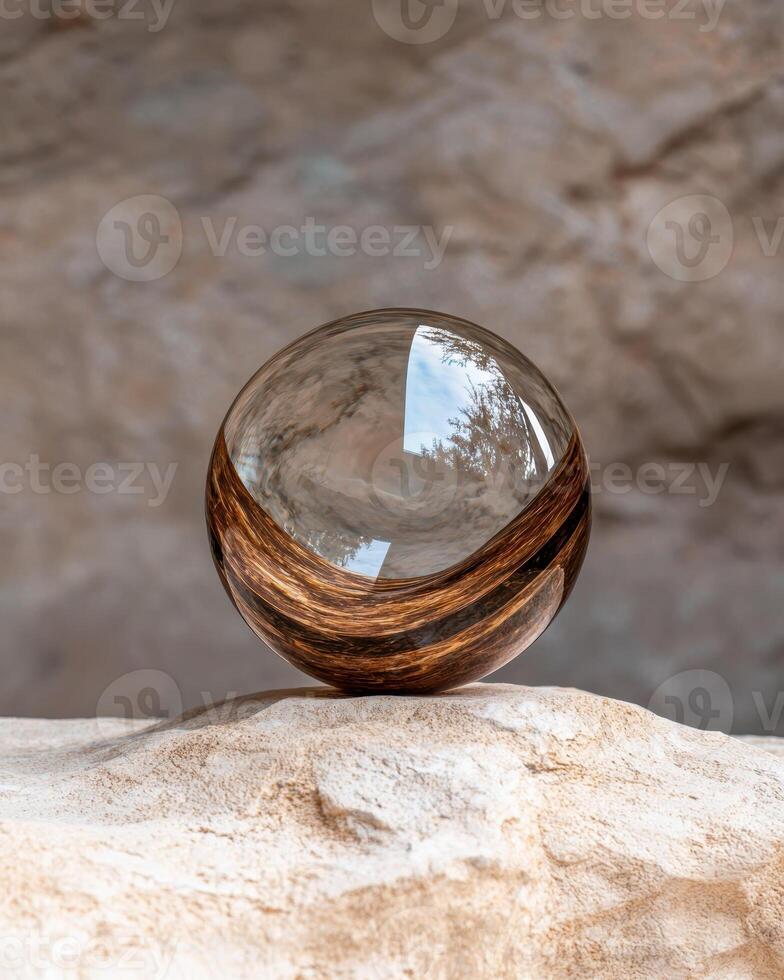 A glass sphere with a brown swirl design sits on a textured rock surface photo