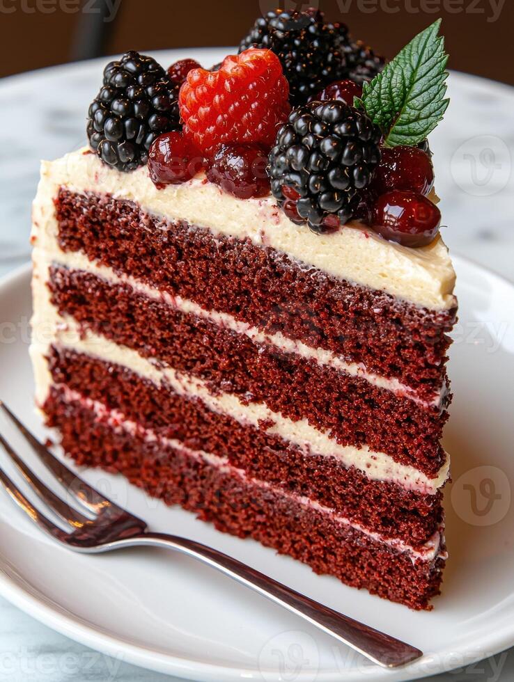 A slice of red velvet cake with berries and a fork photo
