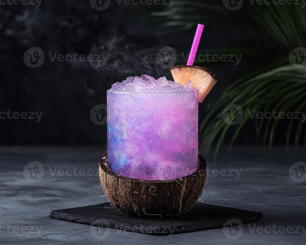 A vibrant purple cocktail served in a coconut shell with a pineapple garnish and pink straw photo