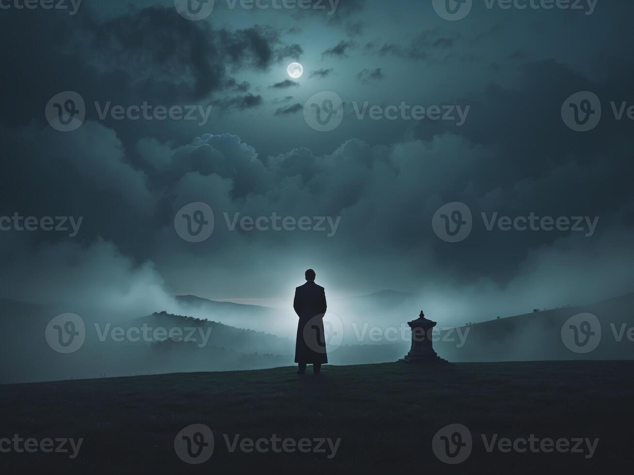 The contemplative silhouette is beautifully captured in a profoundly dramatic setting. photo
