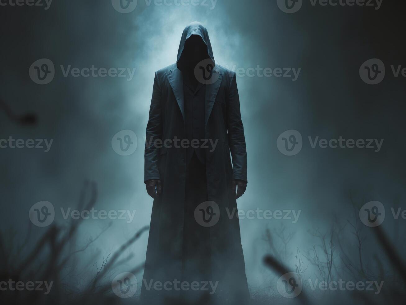An Enigmatic and Mysterious Figure Cloaked Deeply in Obscuring Shadows and Darkness photo