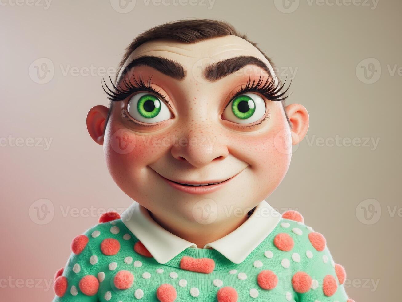 A Surprised Character Featuring Distinctive Green Eyes and a Fun Polka Dot Sweater Design photo