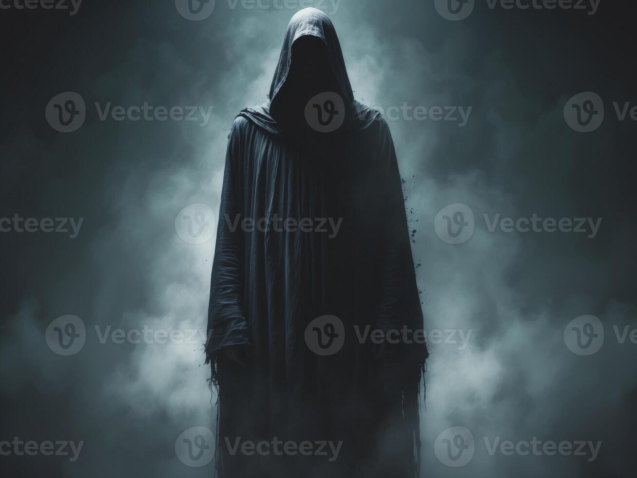 An Enigmatic and Mysterious Figure Cloaked Deeply in Obscuring Shadows and Darkness. photo