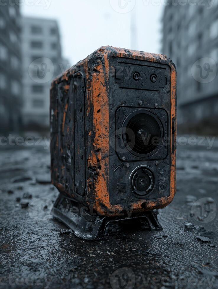 A futuristic camera device stands in a desolate urban landscape photo