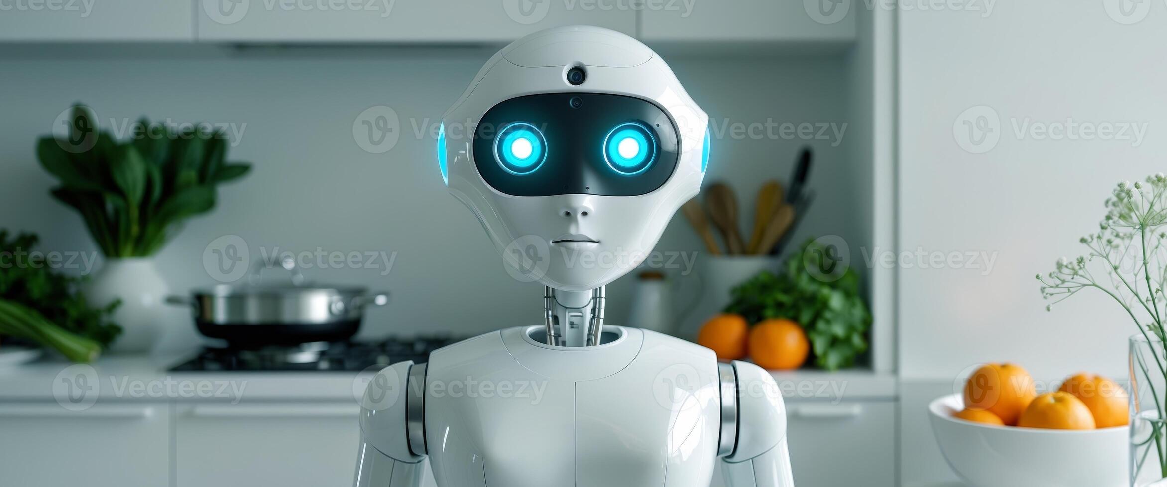A white robot with blue glowing eyes and a black mouth is in the kitchen next to fruits and plants photo