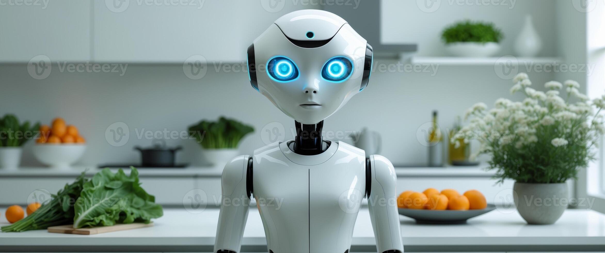 A white robot with blue glowing eyes and a black mouth is in the kitchen next to fruits and plants. photo