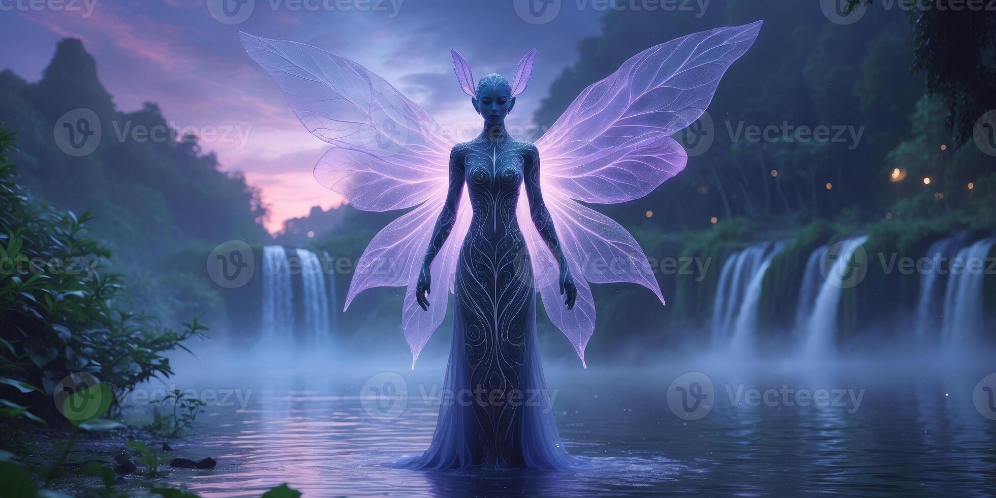 Enchanted figure stands by water under glowing waterfalls at twilight in a mystical landscape photo