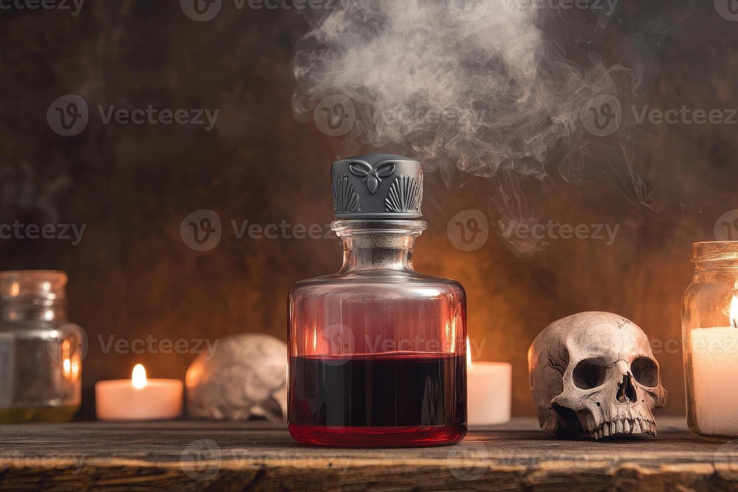 A potion bottle with a skull and candles on a wooden table photo