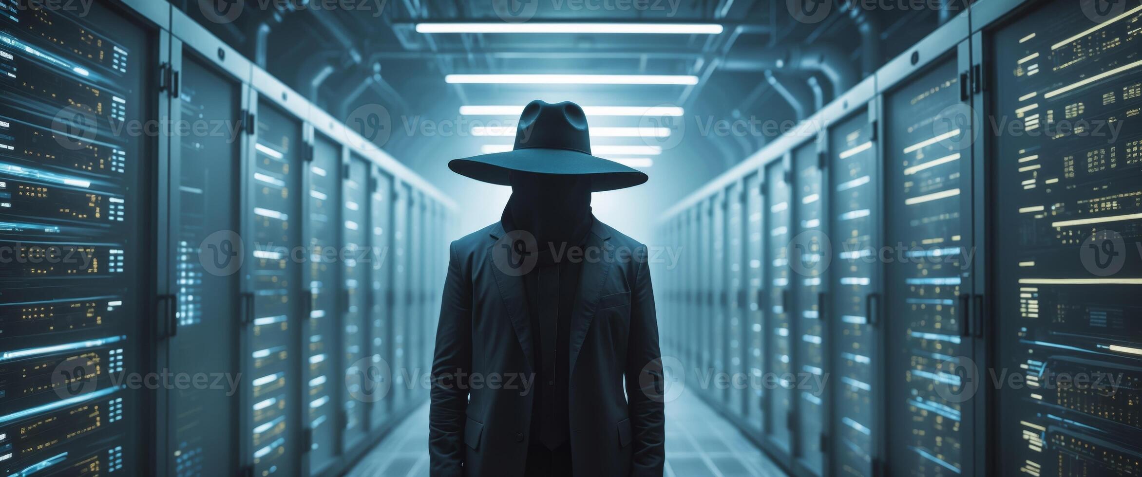 Mysterious Figure with Hat in Data Center Illuminated by Blue Light. photo