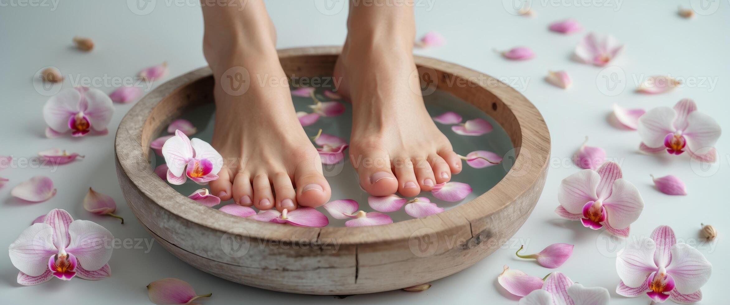 Relaxing feet soaking in a wooden bowl filled with orchid petals. photo