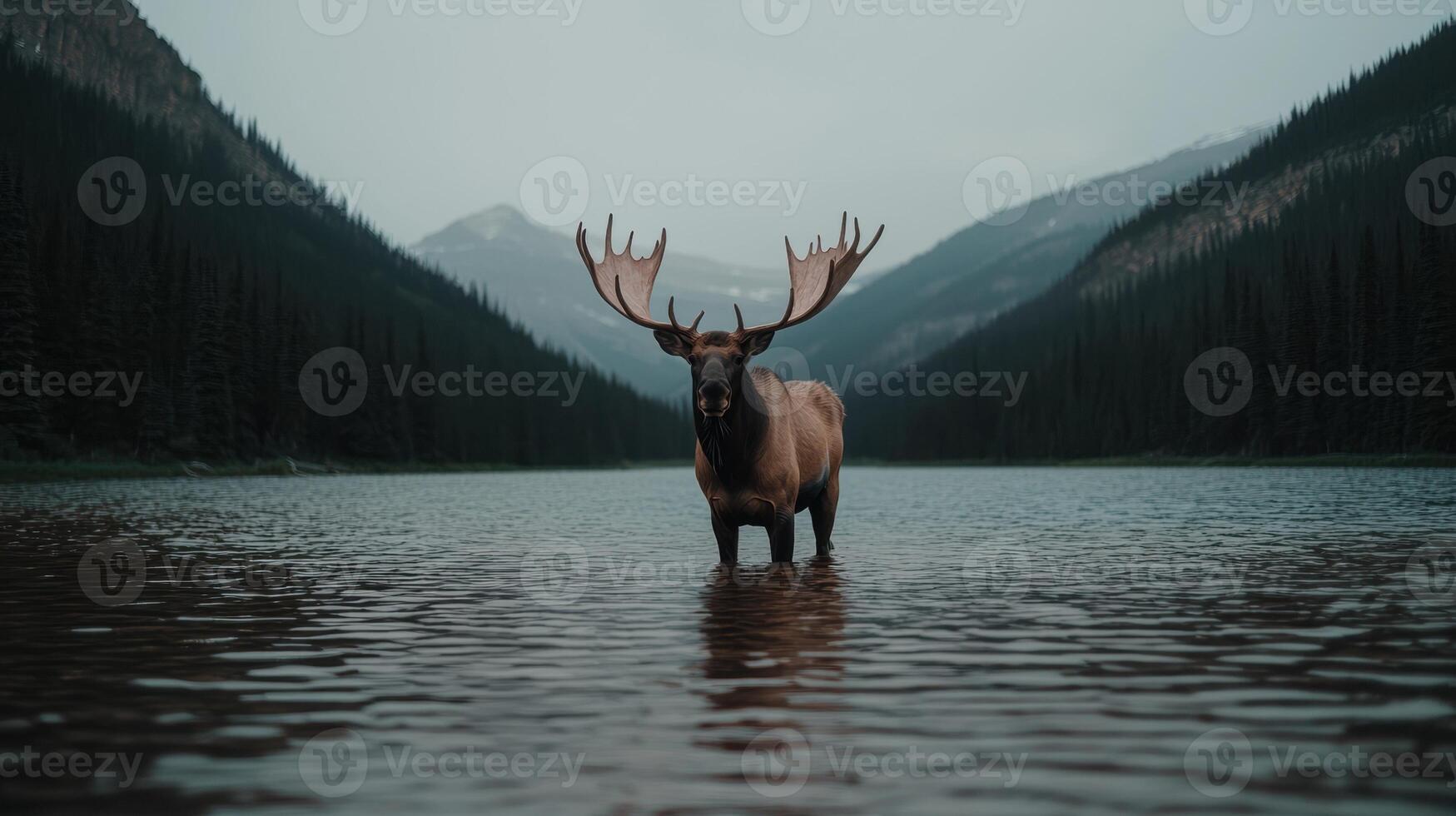 A majestic moose stands in a serene lake surrounded by mountains photo