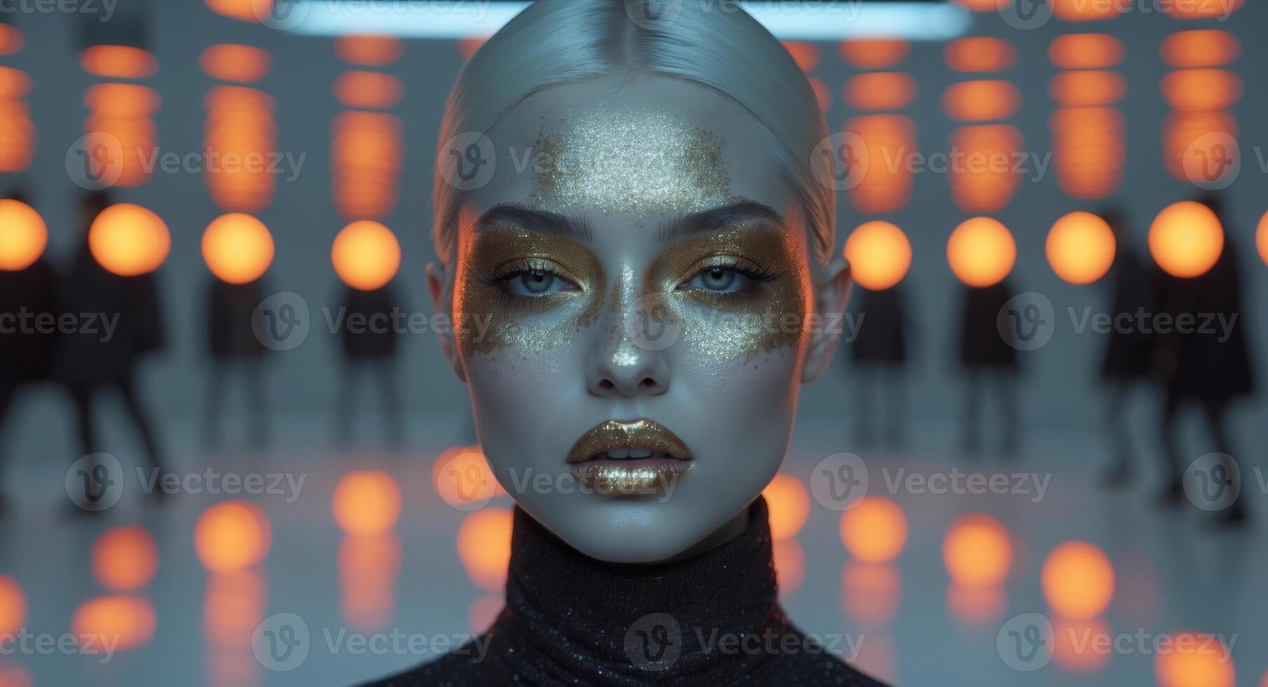 Fashion model with golden glitter makeup and orange lights reflecting on face photo