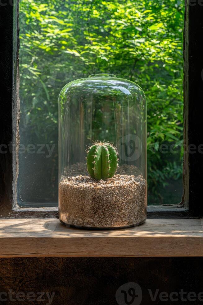 Cactus in a glass terrarium on a windowsill photo