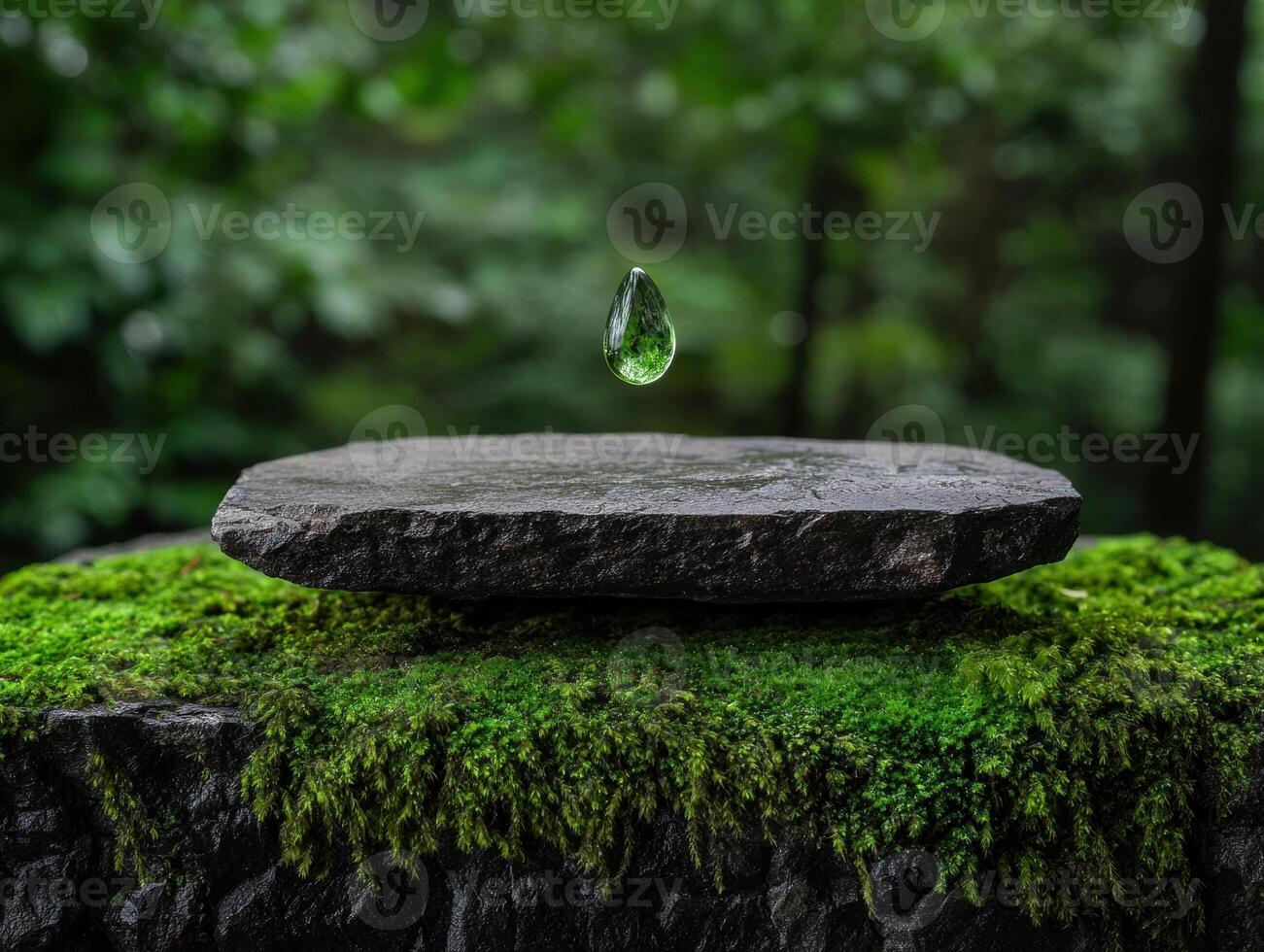 A water droplet hovers above a stone platform covered in moss in a lush forest photo