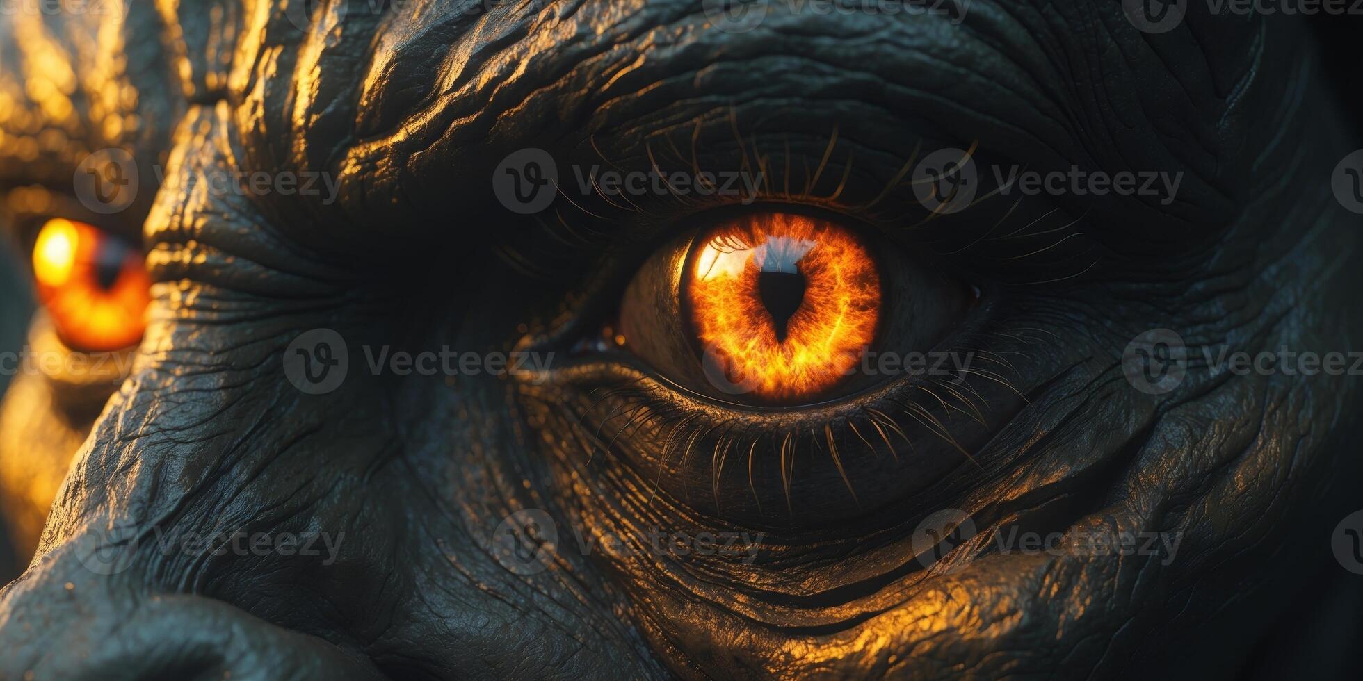 Glowing Amber Eye Close up of a Dark Creature s Intense Gaze Fantasy Monster photo