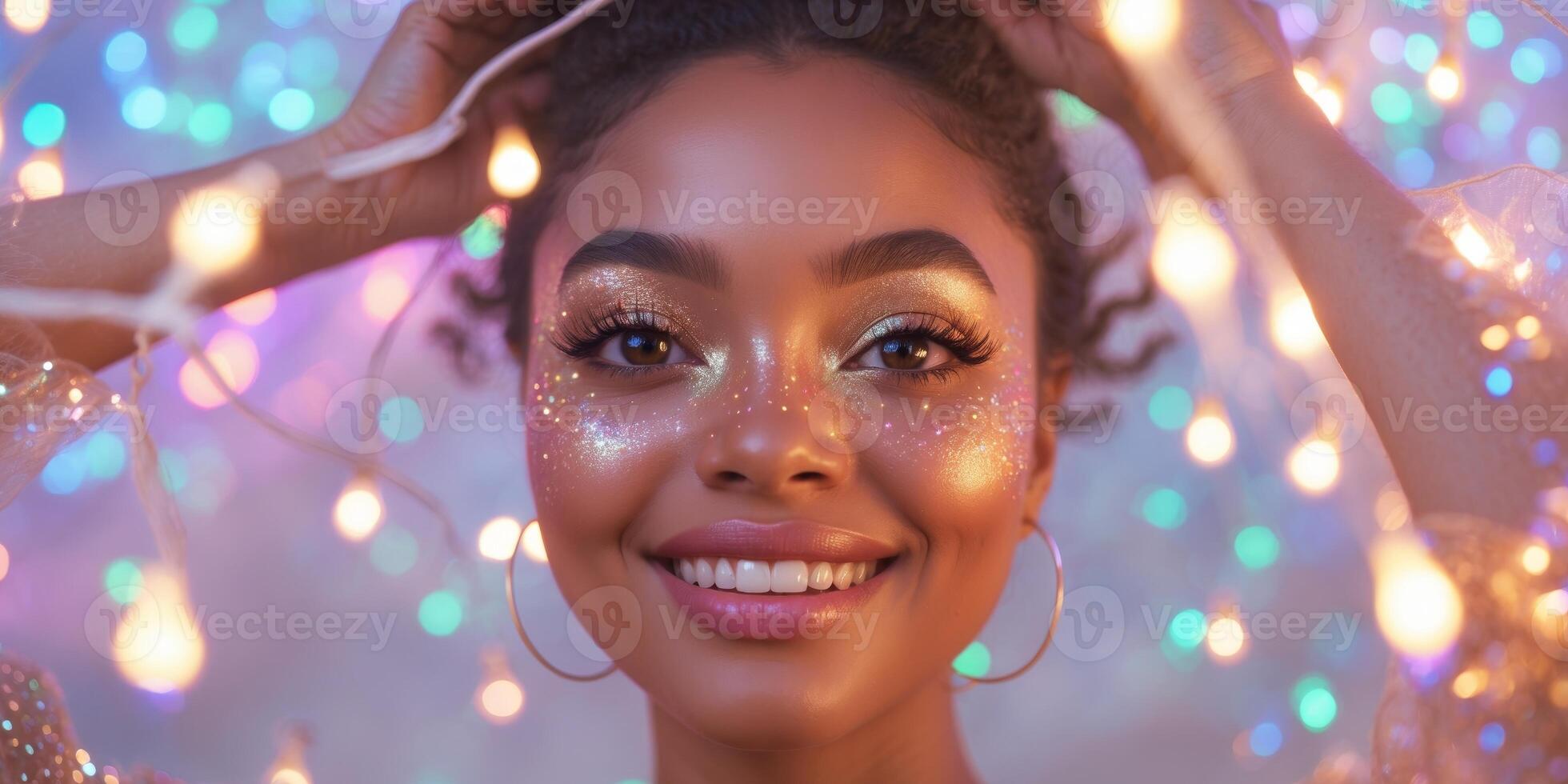 Glitter Freckles Bliss Smiling Face with Shimmering Makeup under Festival Lights - Creative Content for Beauty Brands and Modern Event Marketing photo