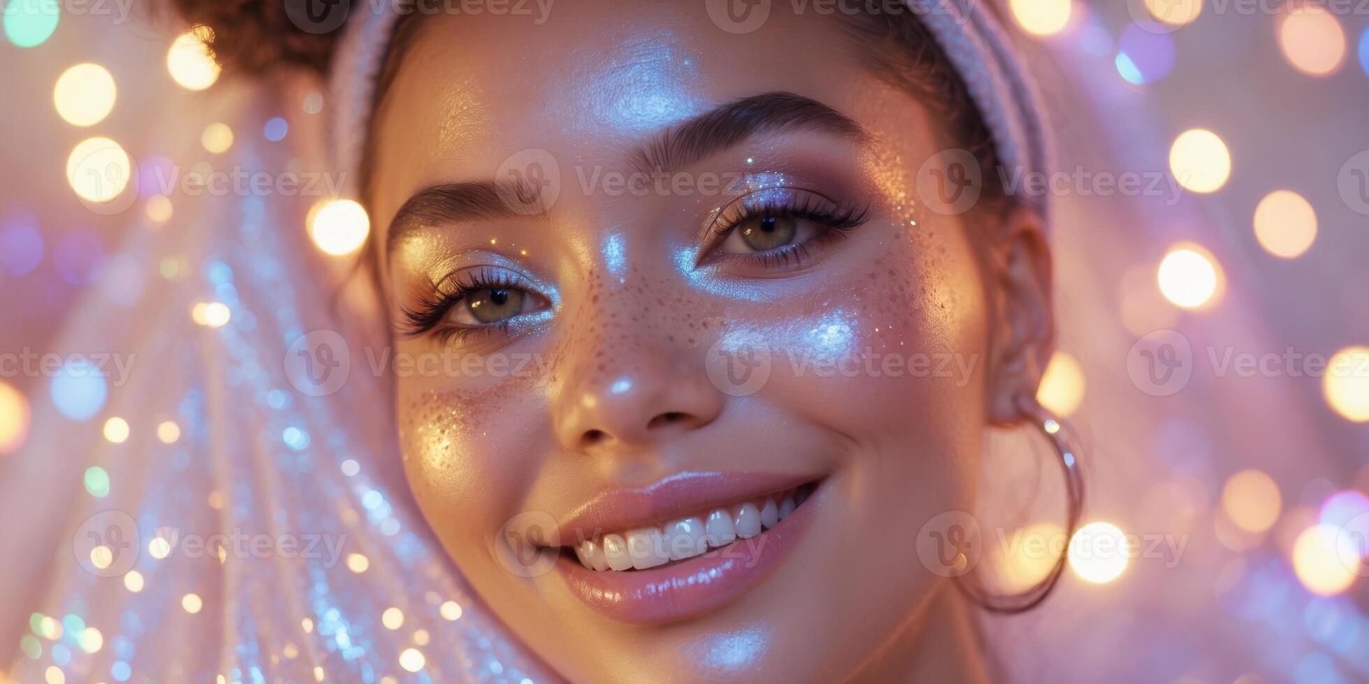 Glitter Freckles Bliss Smiling Face with Shimmering Makeup under Festival Lights - Creative Content for Beauty Brands and Modern Event Marketing. photo