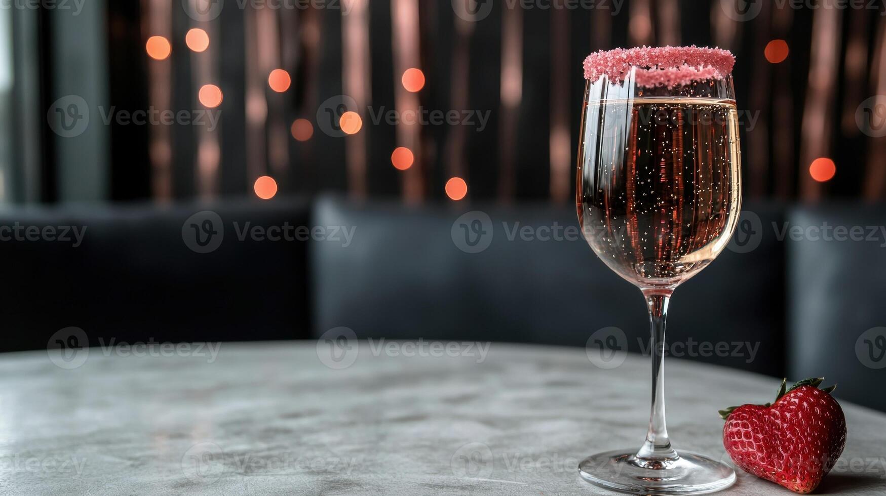 Elegant glass of sparkling wine with a strawberry garnish photo