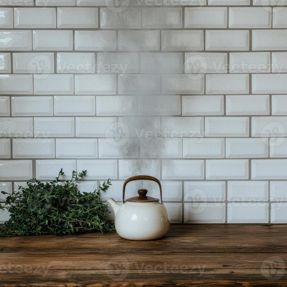 A steaming kettle sits on a wooden counter with fresh herbs photo