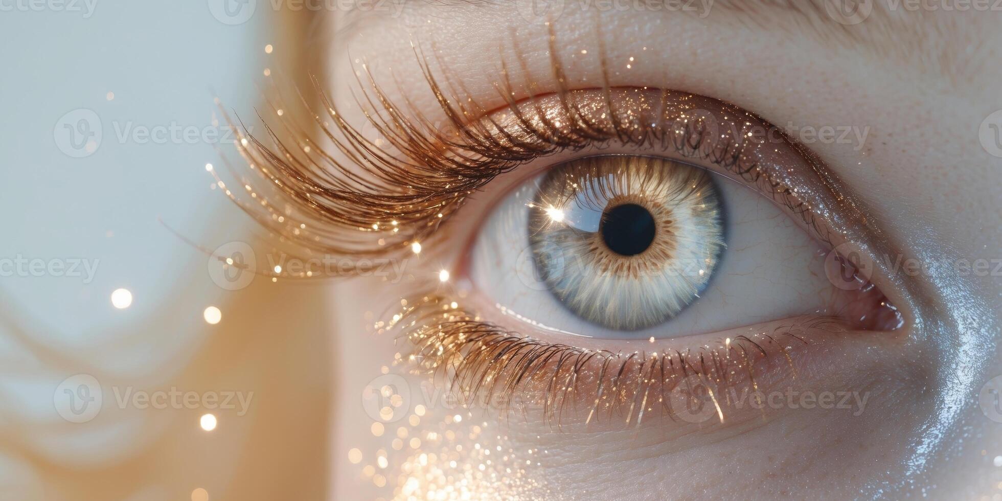 Close up Of A Hazel Eye With Long Eyelashes And Shimmery Makeup. photo