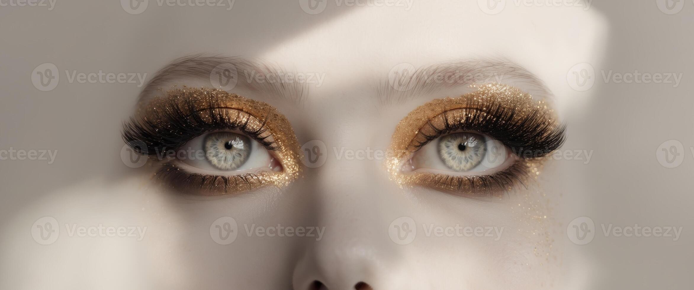 Golden Eye Makeup Dramatic Look Glitter Eyelashes Dark Shadow. photo