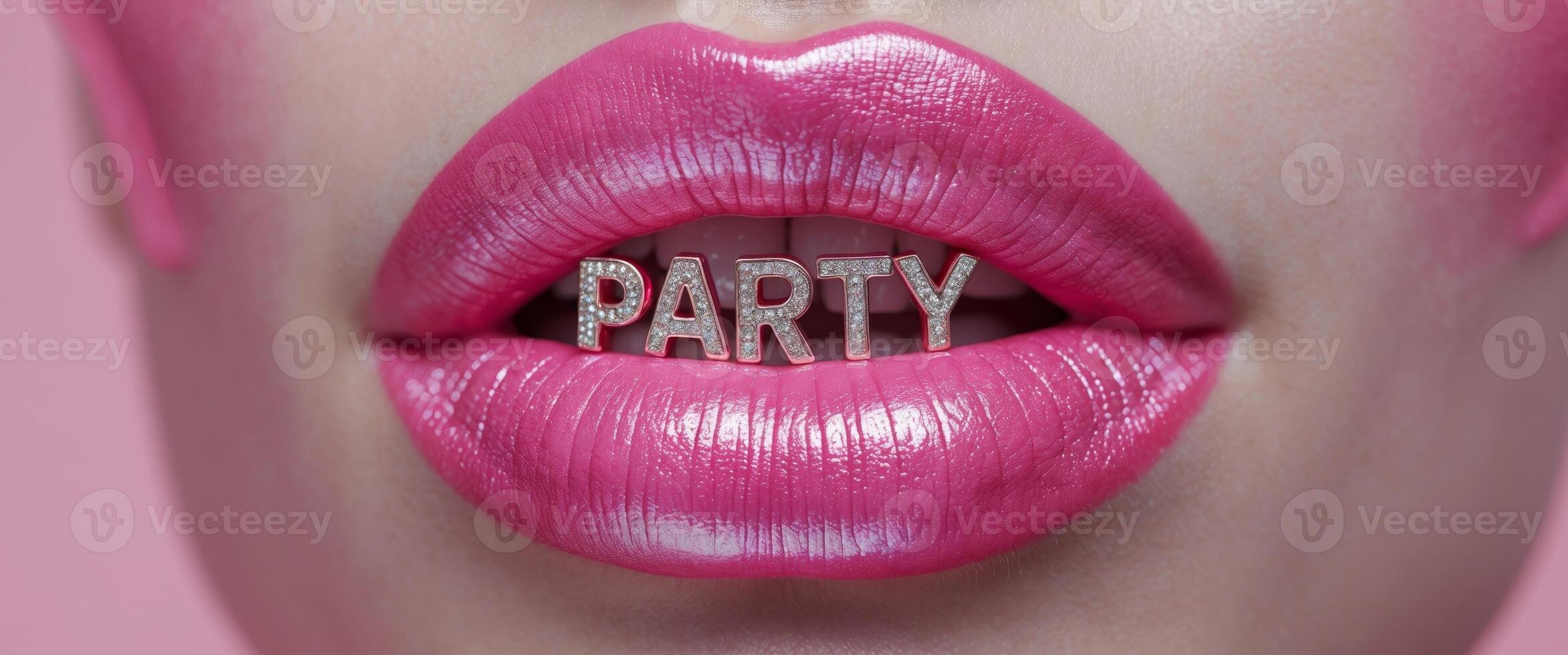 Vibrant lip art featuring a pink capsule with the word party placed between glossy lips photo