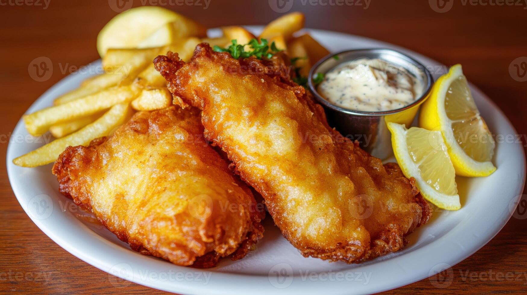 Golden fried fish and chips served with tartar sauce and lemon wedges photo