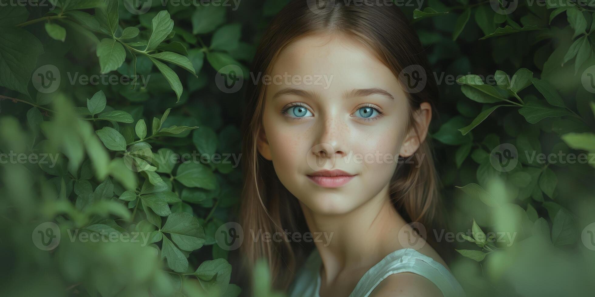 Beautiful Teen Girl with Blue Eyes in Lush Green Nature. photo