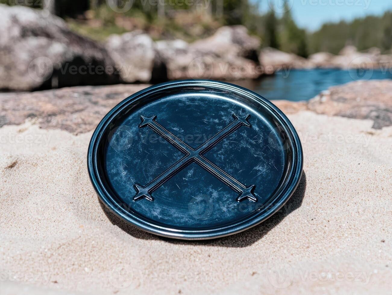 A metal tray with a star design sits on a sandy beach near a river photo