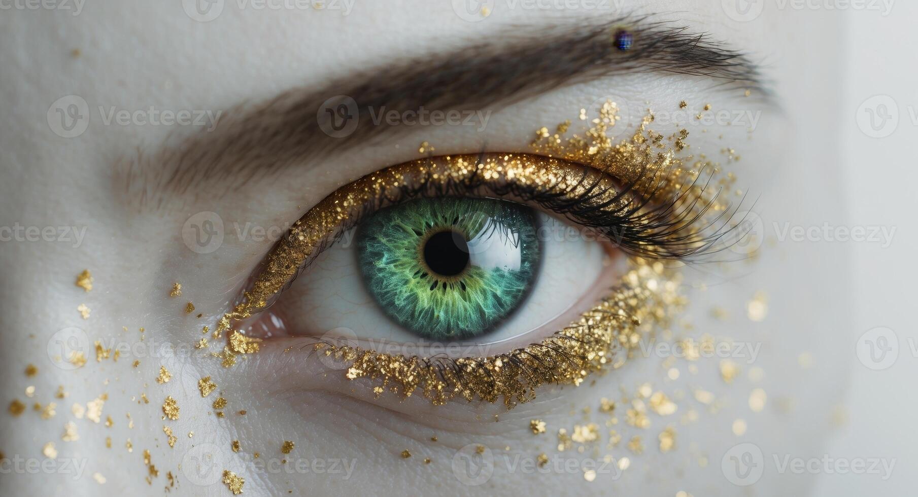 Captivating Eye with Gold Glitter and Green Iris in Close Up photo