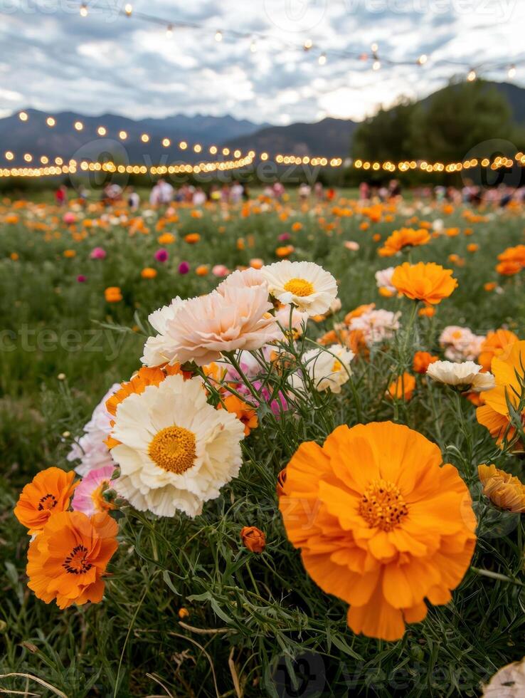 A field of colorful flowers under string lights at dusk photo