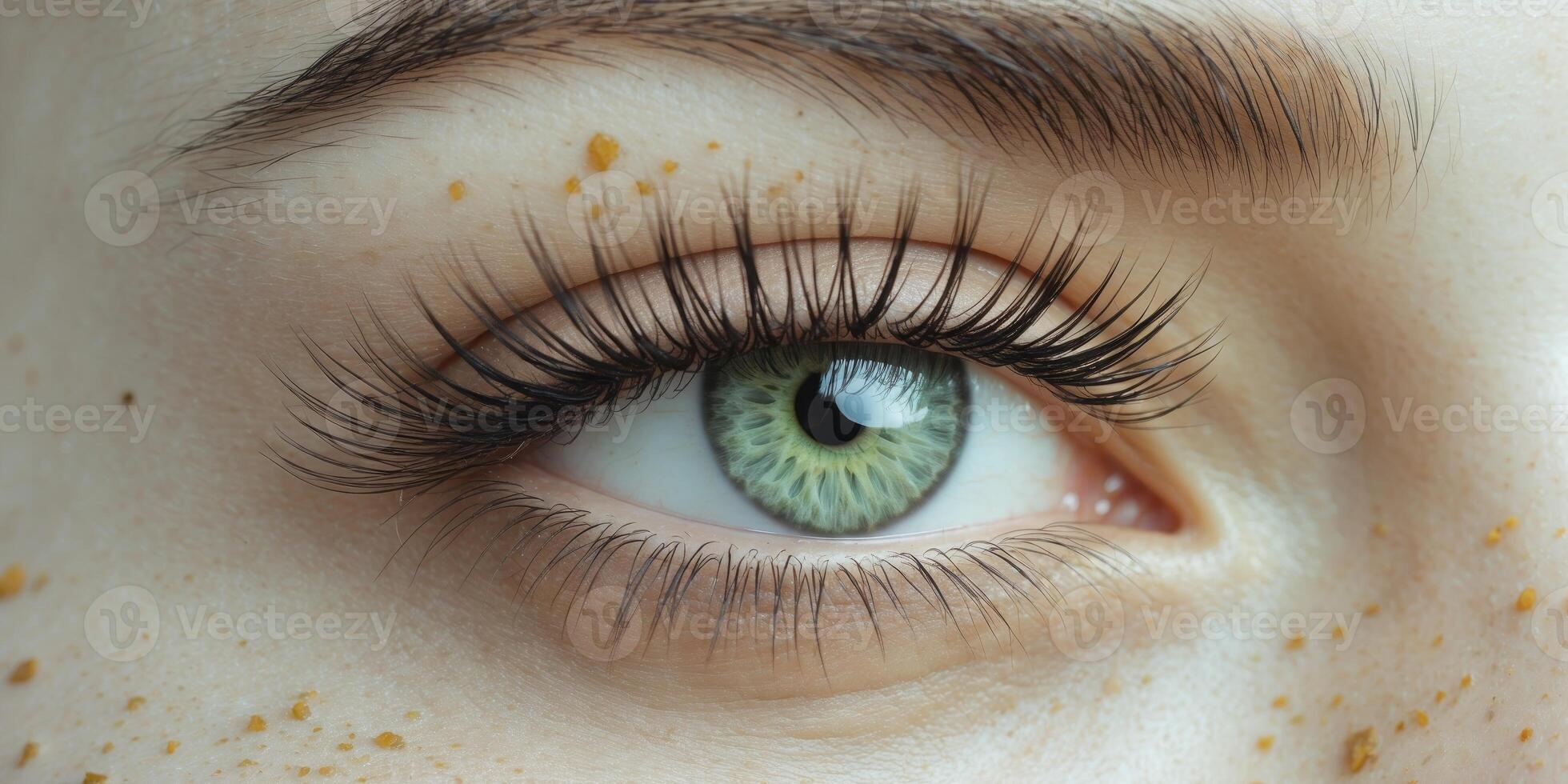 Close up of captivating green eye with long eyelashes and freckles showing serenity photo