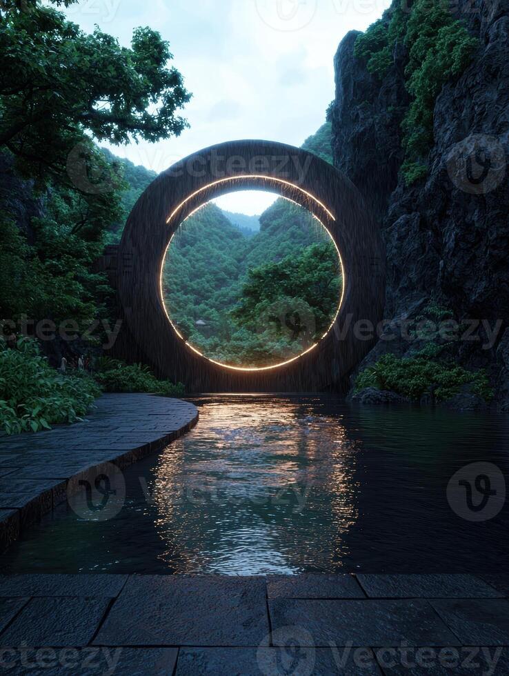 A tranquil scene of a circular portal reflecting in a serene pond surrounded by lush greenery photo
