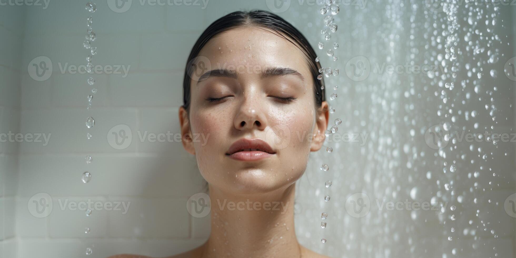 Model enjoying refreshing shower with closed eyes and wet face. photo