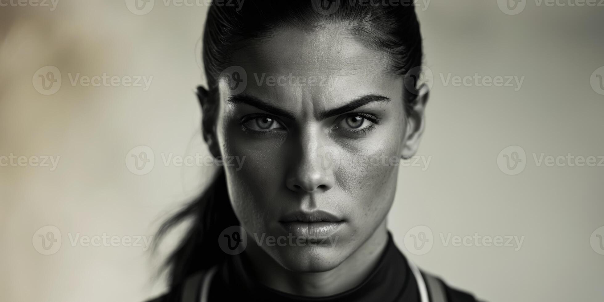 Intense gaze of focused athlete highlights determination and pas. photo